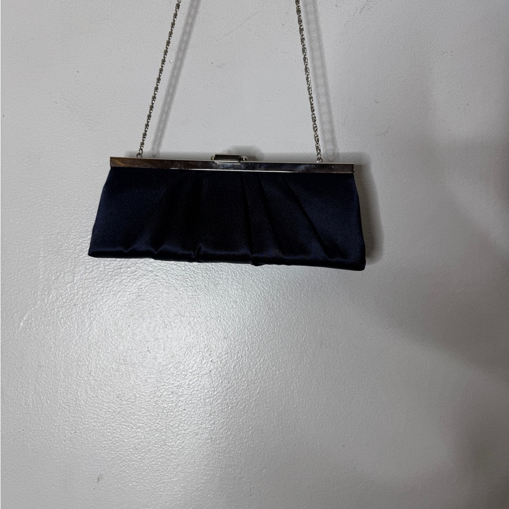 gunne sax Navy Blue Satin‎ Silver Clasp And Handle Evening Bag